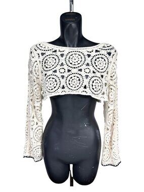 ULTRA PINK Crochet Boho Open Knit Long Sleeve White Crop Top Size M
